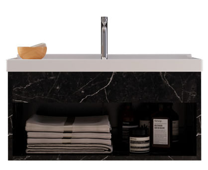 Como escolher o modelo ideal de pia para banheiro para seu espaço 7 Gabinete para banheiro com lavatorio beta 64x33cm marmorizado preto Cerocha 2359987