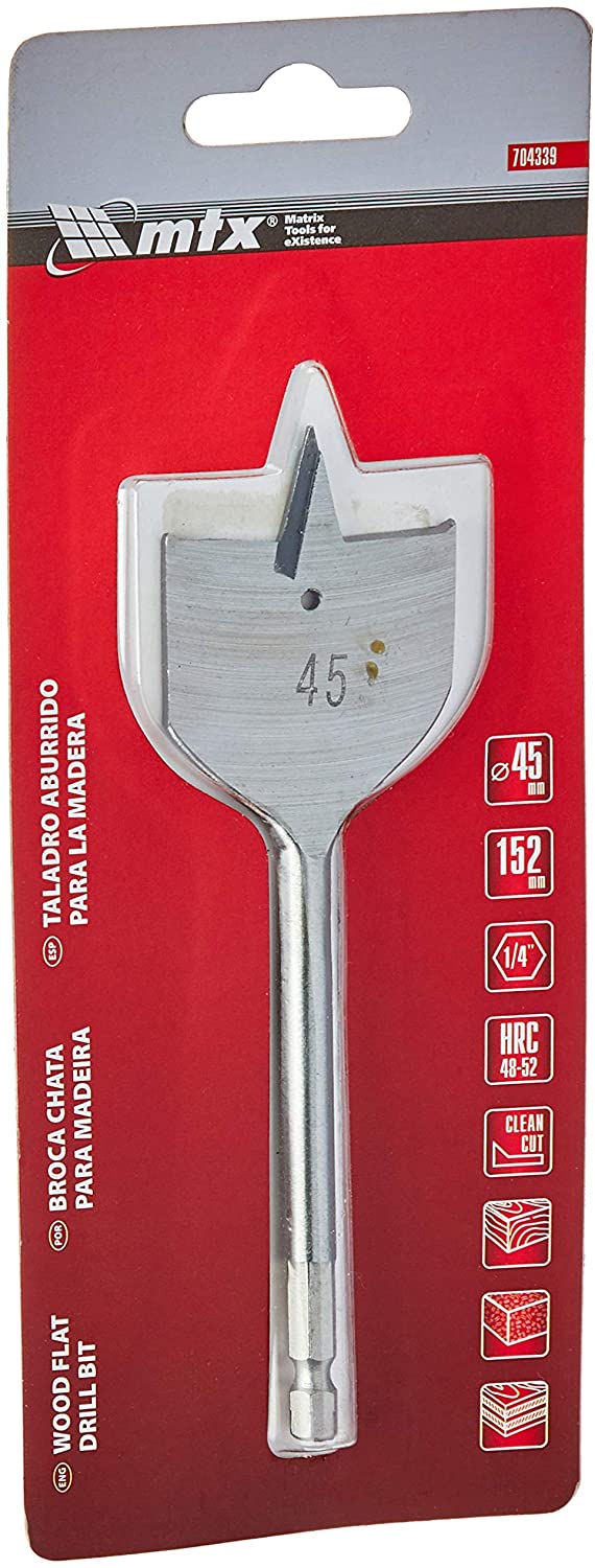 Tipos de brocas para furadeiras: Conheça os diferentes e quando usar 15 Broca chata para madeira 45x150mm com haste sextavada Matrix 1433512