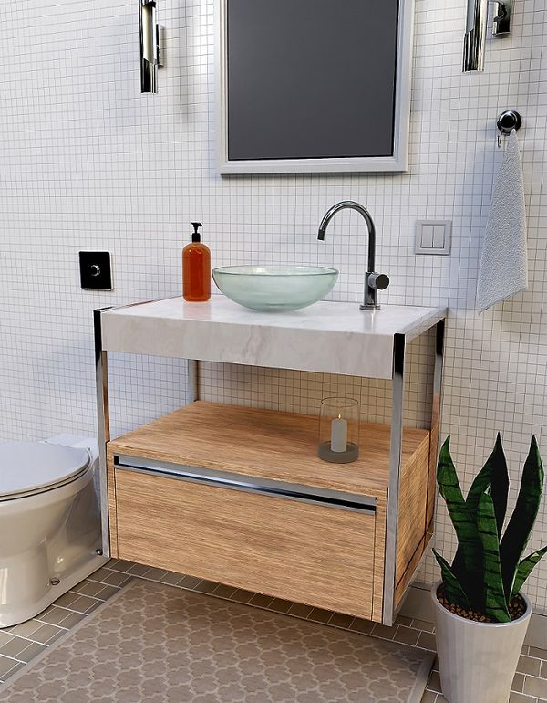 Conjunto Para Banheiro Com Tampo De Porcelanato Bege Inox Marmo 923 Cris Metal