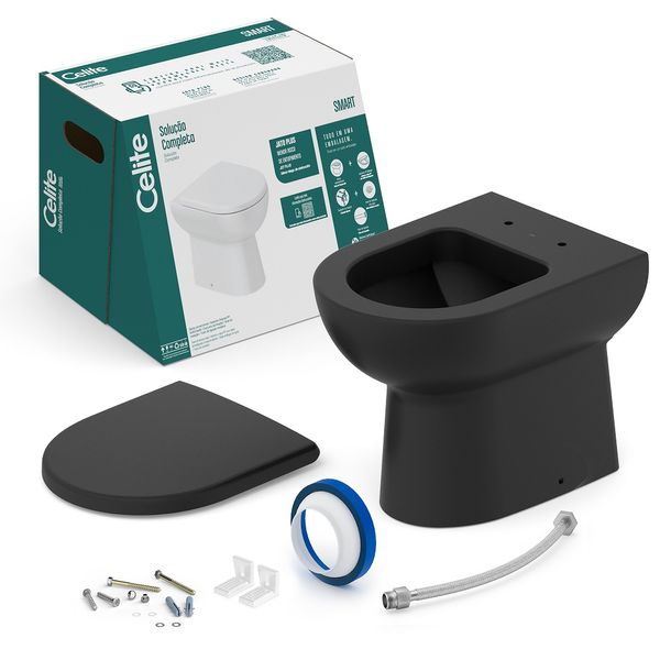 Kit Vaso Sanitário Convencional com Conjunto de Instalação Assento Termofixo Smart Preto Matte Celite