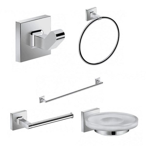 Kit acessórios 5 peças suite | papeleira, saboneteira, toalheiro anel, cabide e toalheiro barra 600mm.