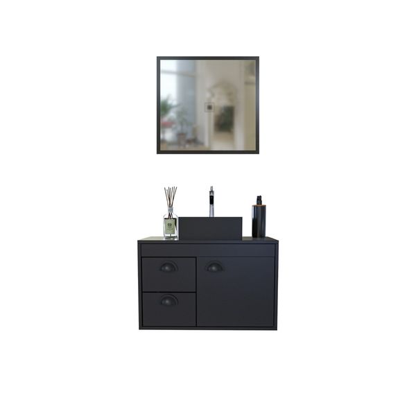 Conjunto para banheiro gabinete cuba apoio e espelho mdf Betel preto trama 60cm Cerocha Conjunto Para Banheiro Gabinete Cuba de Apoio E Espelho Mdf Betel Pt Trama 60Cm Cerocha
