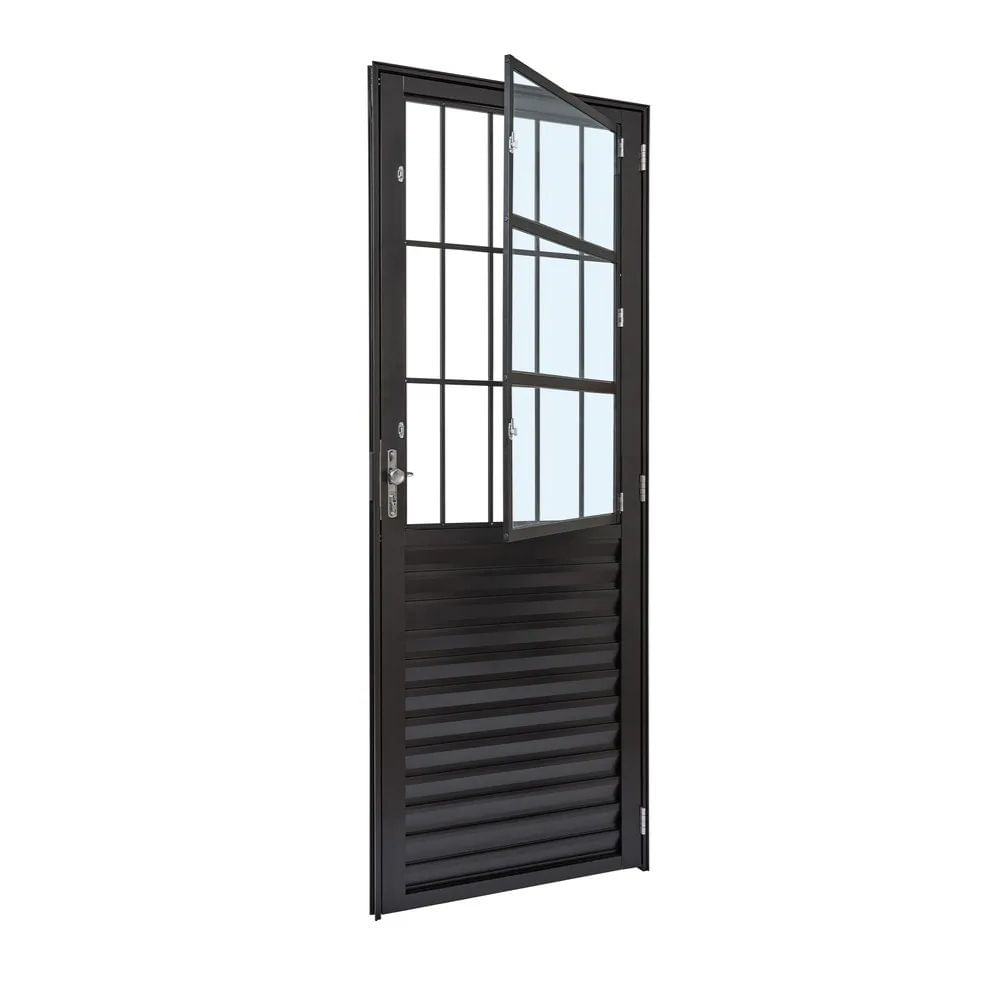 Porta Alumínio Postigo Palheta Vidro Liso Esquerda 90X210X4Preto Cristal Ultra Ramassol