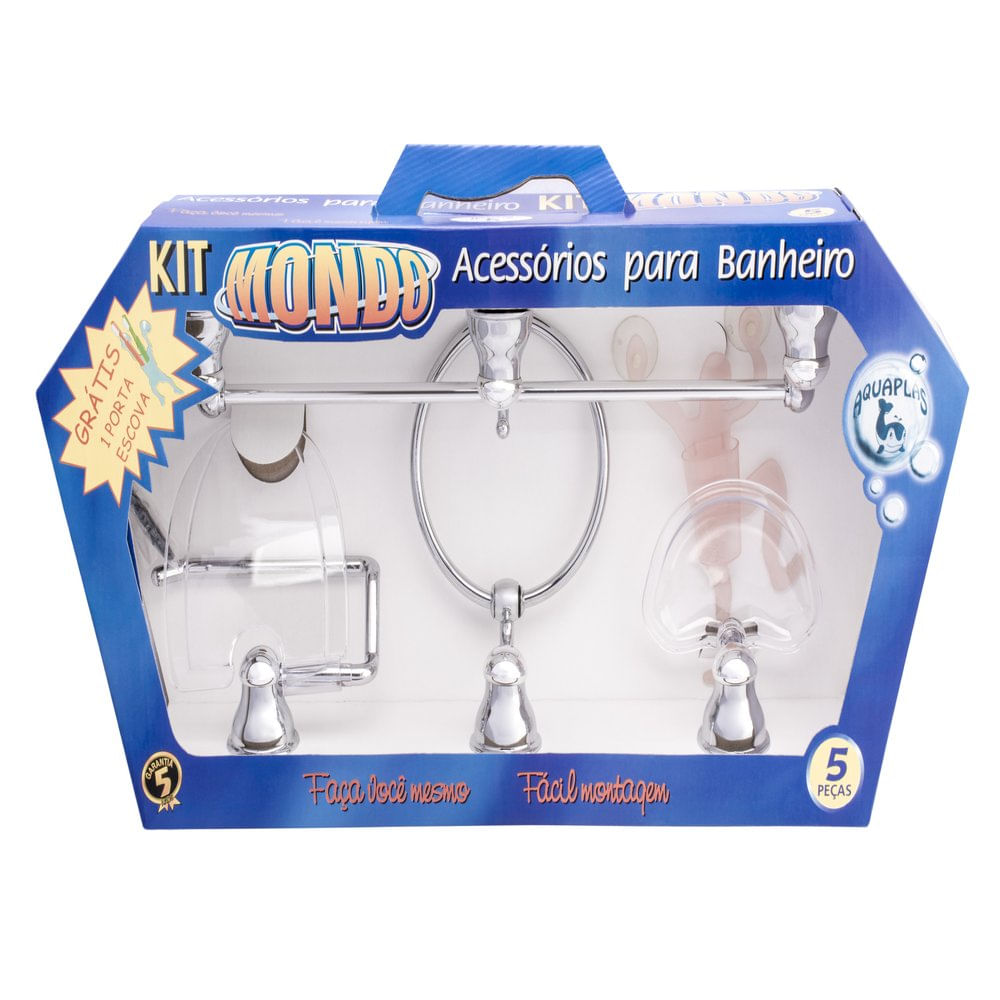 Kit De Acessórios Mondo Com 5 Peças Em Abs Com Alumínio Cromado Para Banheiro - Aquaplas