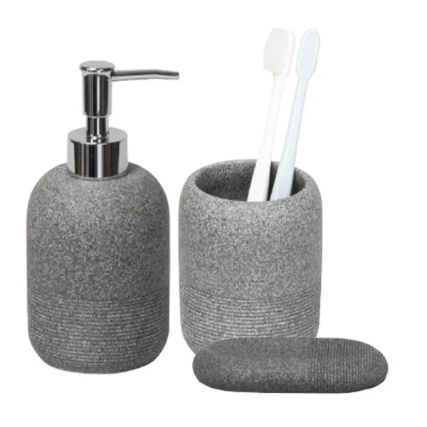 Kit Acessórios de Bancada para Banheiro 3 Peças Cinza Cimento Texturizado Coisas e Coisinhas