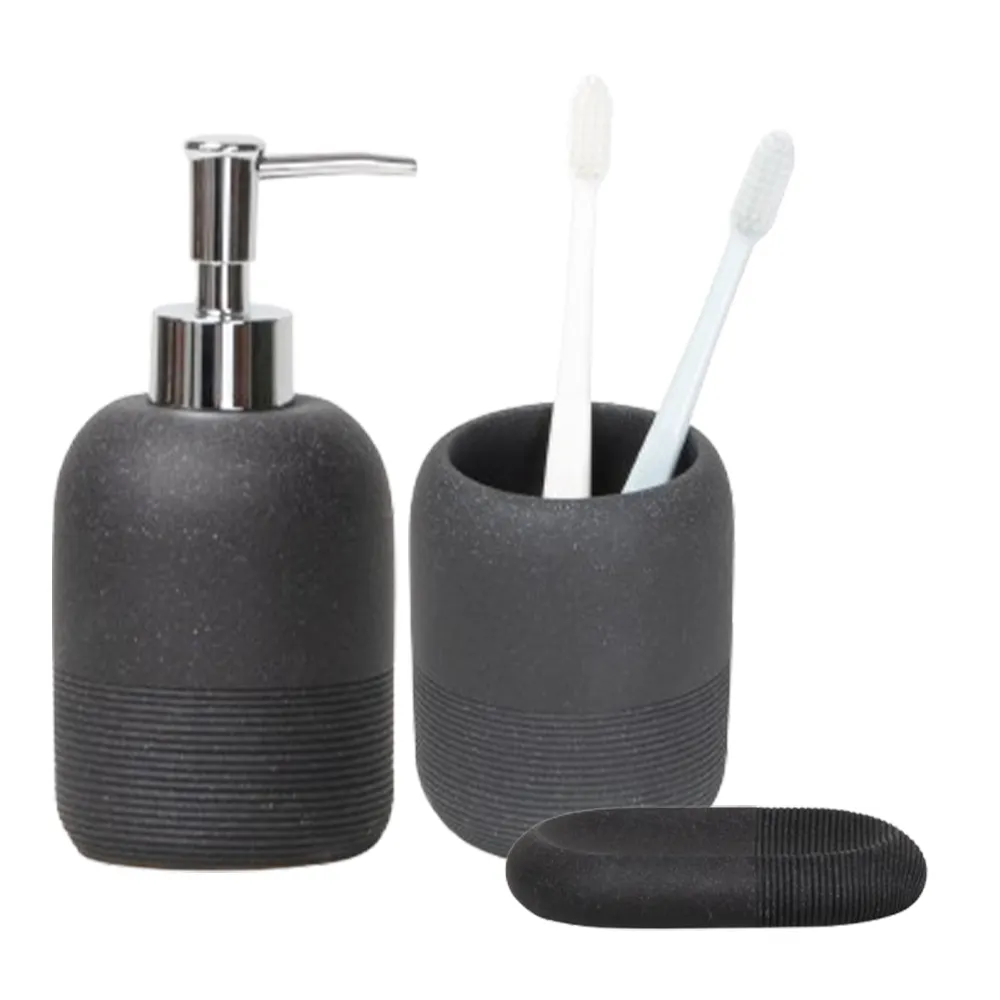 Kit Acessórios de Bancada para Banheiro 3 Peças Preto Cimento Texturizado Coisas e Coisinhas