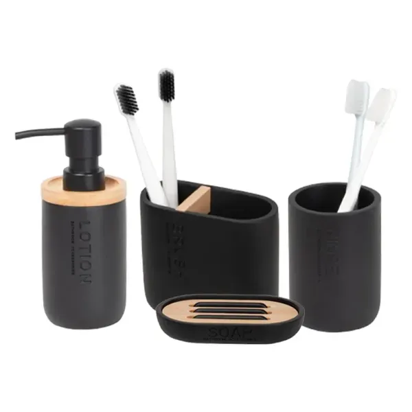 Kit Acessórios de Bancada para Banheiro 4 Peças Bambu e Preto Scandi Coisas e Coisinhas