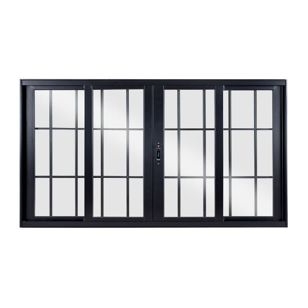 Janela Correr de Alumínio 100x200 4 Folhas Com Grade Vidro Liso Preto Topsul Esquadrisul
