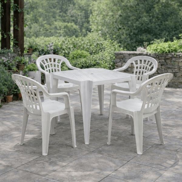 Conjunto de Mesa Plástica Monobloco 70x70cm com 4 Cadeiras Poltrona Branca Antares