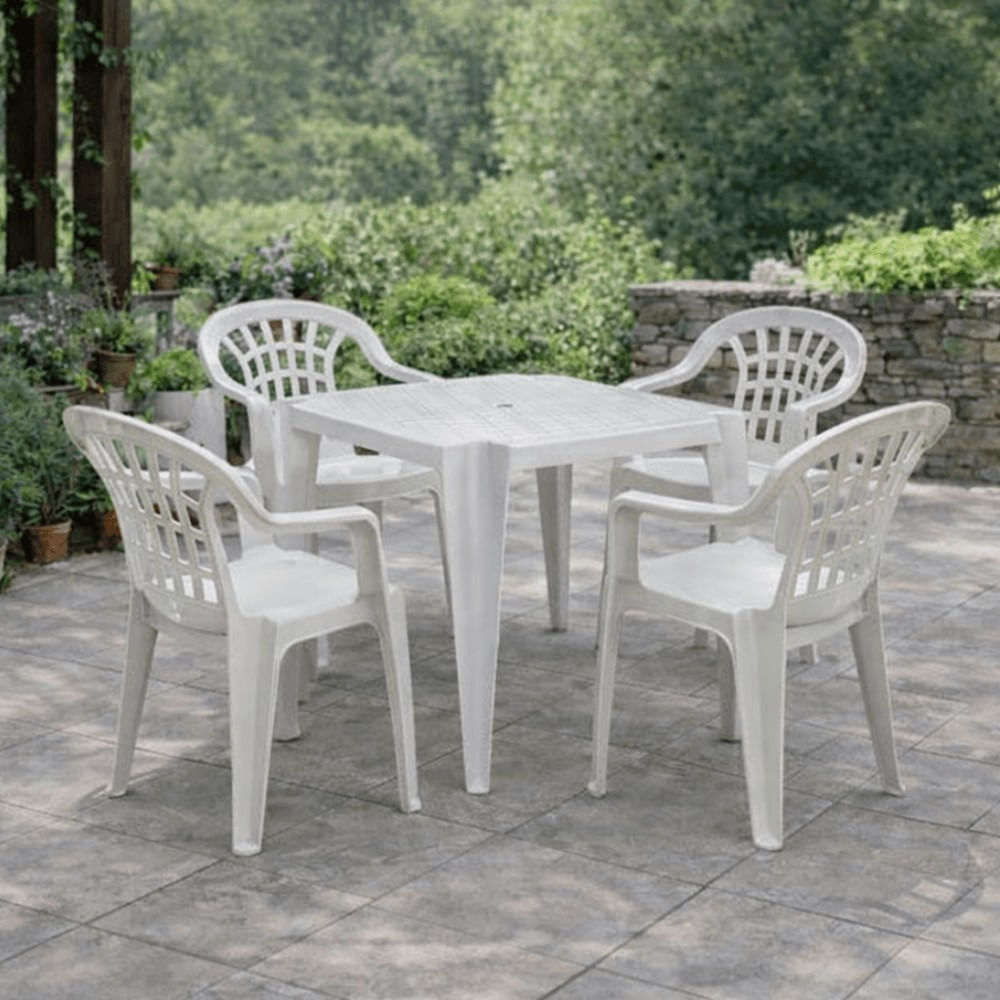 Conjunto de Mesa Plástica Monobloco 70x70cm com 4 Cadeiras Poltrona Branca Antares