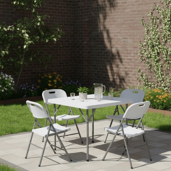 Conjunto de Mesa Quadrada Dobrável 84x84cm com 4 Cadeiras Dobráveis Brancas Coisas e Coisinhas