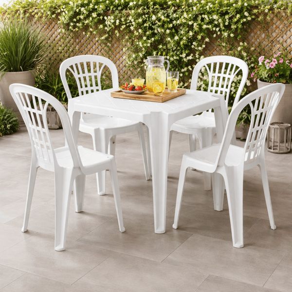 Conjunto de Mesa Plástica Monobloco 70x70cm com 4 Cadeiras Bistrô Branca Antares
