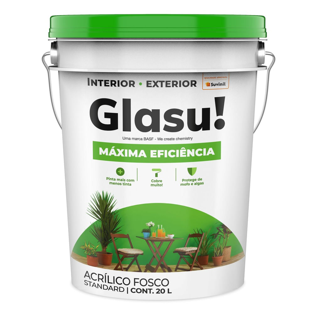 Tinta Acrílica Standard Glasu! Máxima Eficiência Interior e Exterior Branco Fosco 20l Suvinil