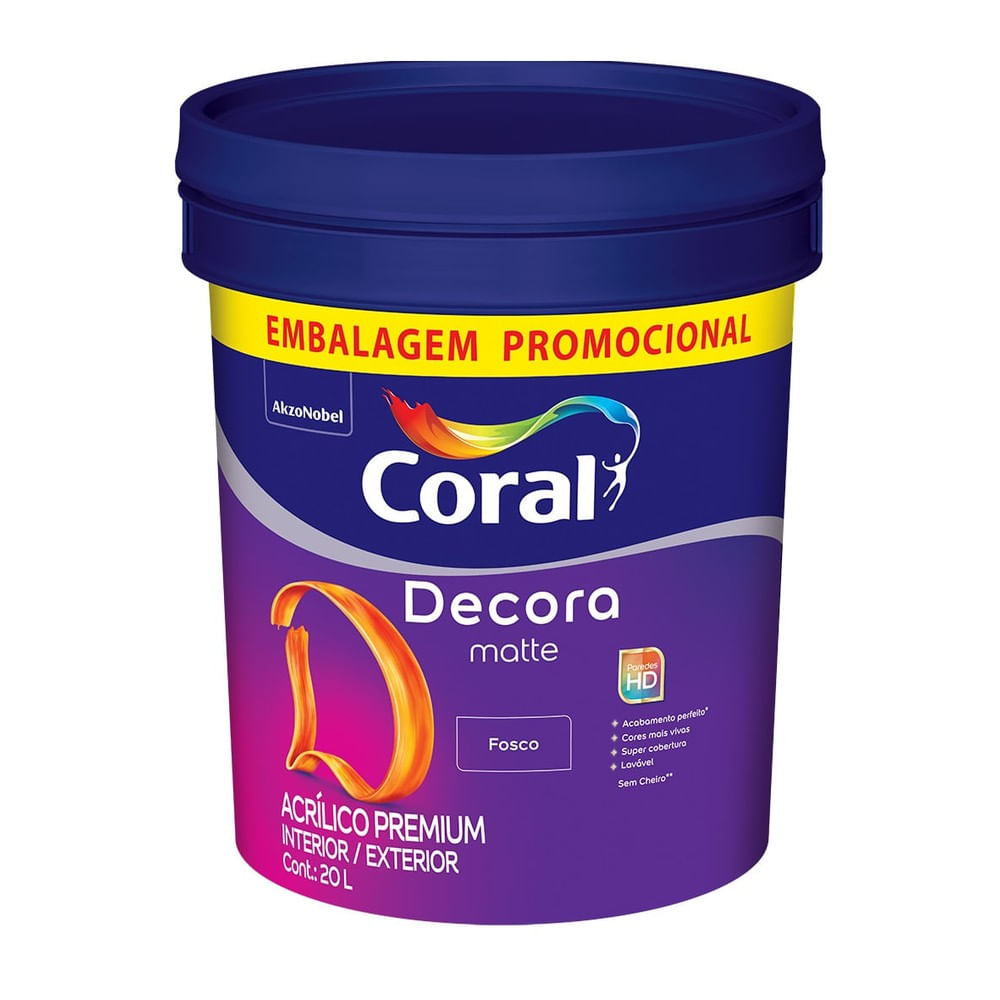 Tinta Acrílica Premium Decora Matte Interior e Exterior Branco Fosco Balde 20l Coral