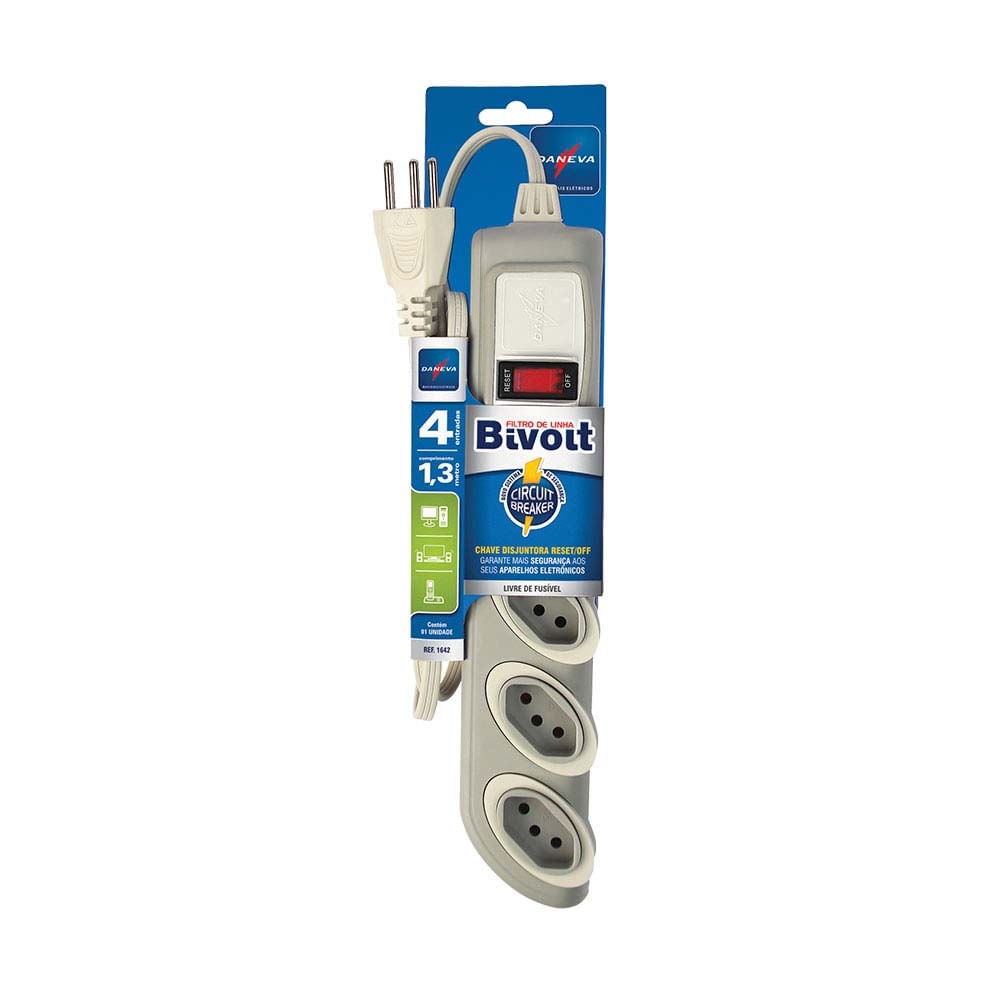 Filtro De Linha Cabo Pp Plano 3x0,75mm² 4x10a/250v~ 2pt 1,3 Metros Com Chave Disjuntora Cinza Dn1642 Ruler4 Multi Daneva Legrand