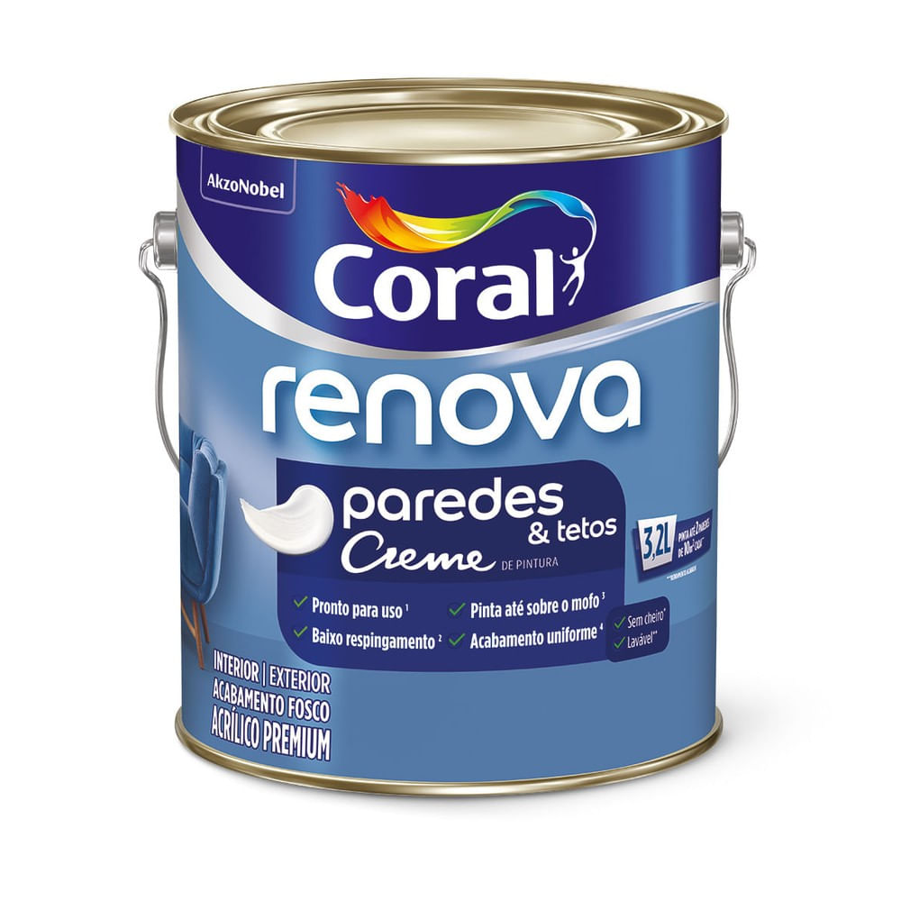 Tinta Acrílica Premium Renova Paredes e Tetos Interior e Exterior Branco Fosco 3,2l Coral