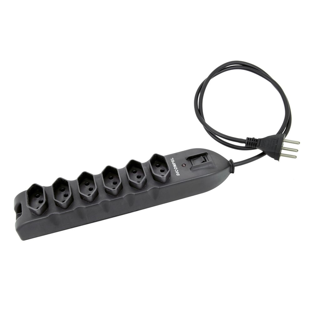 Filtro De Linha Com 6 Tomadas 2 Fusíveis 10A 1Mt Bivolt Preto Dicompel