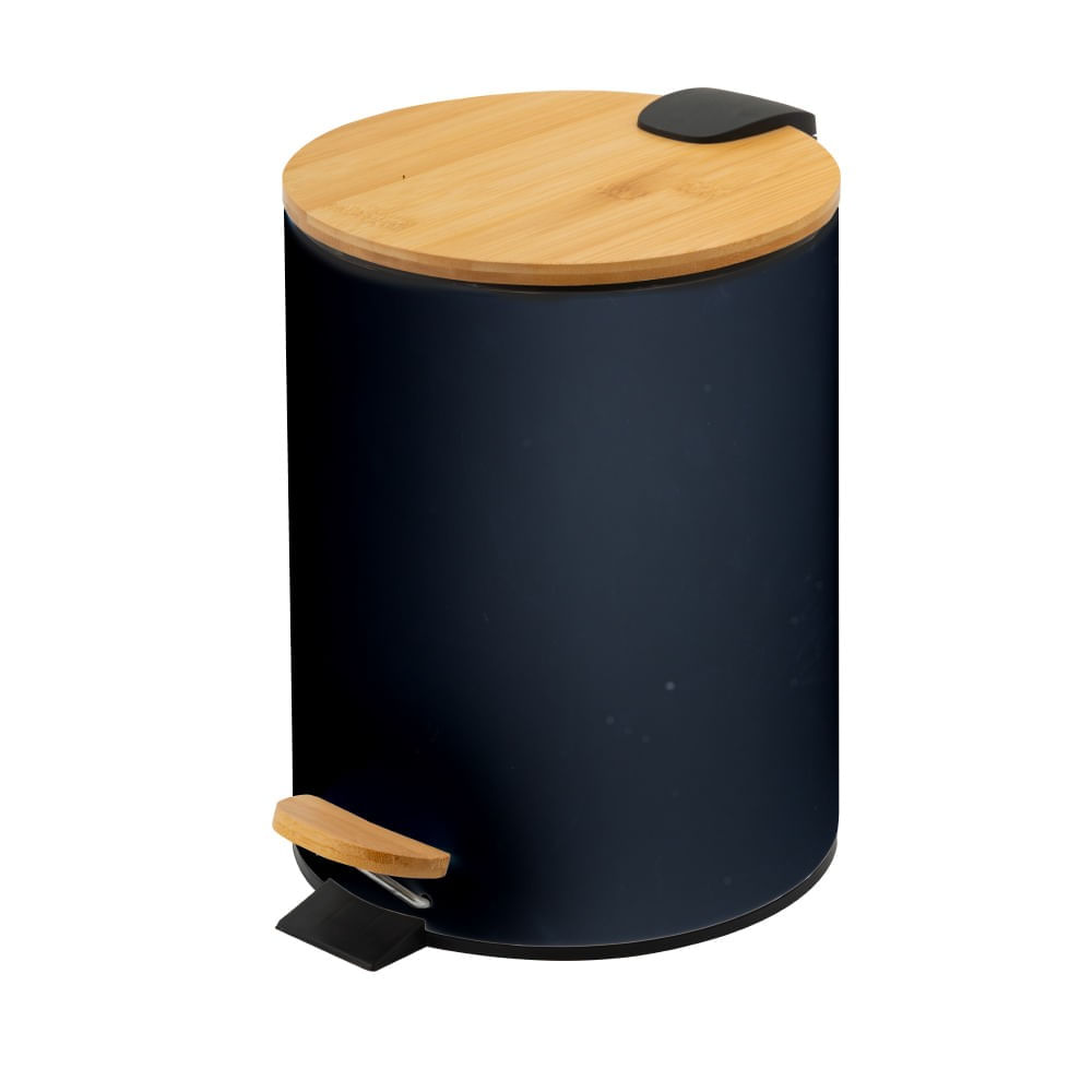 Lixeira Com Tampa De Bambu E Pedal 3L Preta Redonda Coisas E Coisinhas