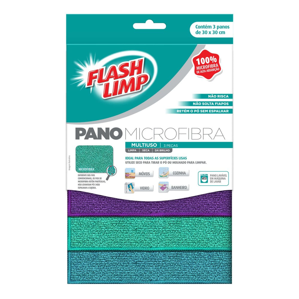 Pano De Microfibra Multiuso 30x30 3 Peças Flash Limp