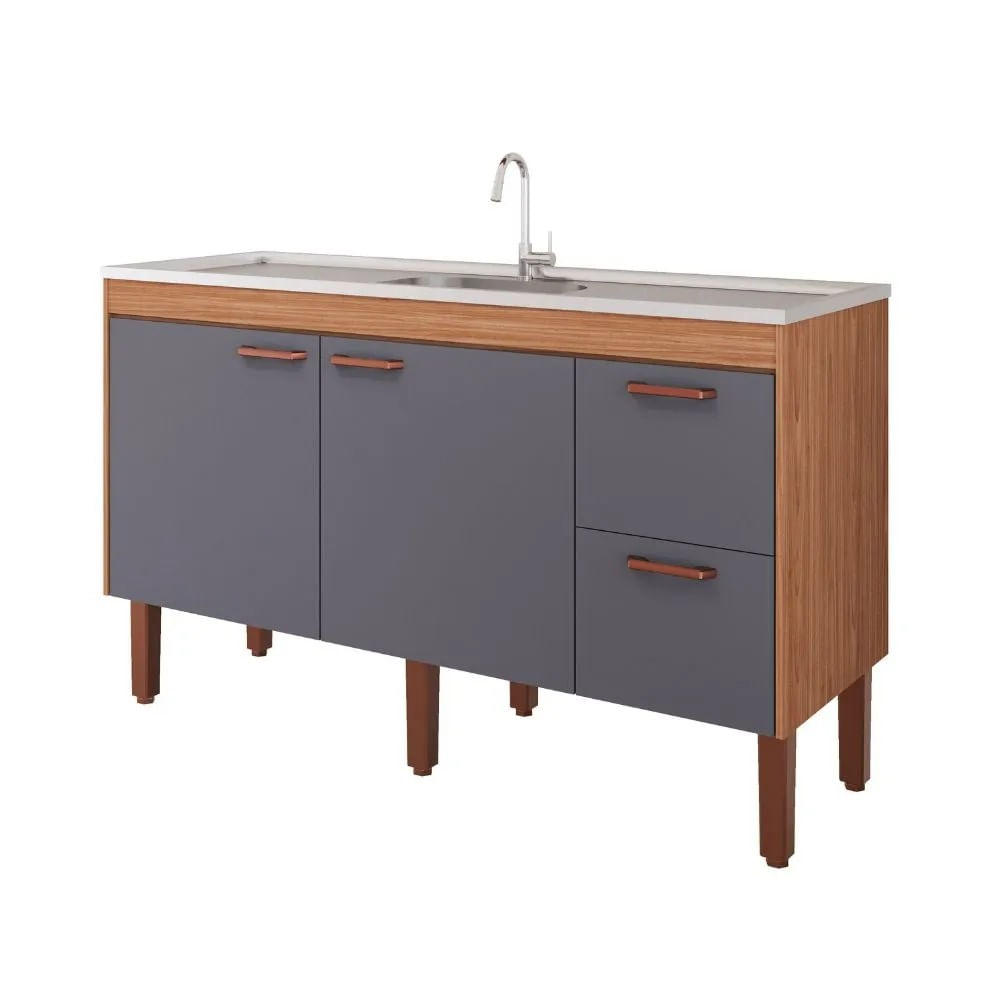 Balcão de Cozinha Slim MDF 144x51x87cm Freijó/Titanium Mgm Móveis