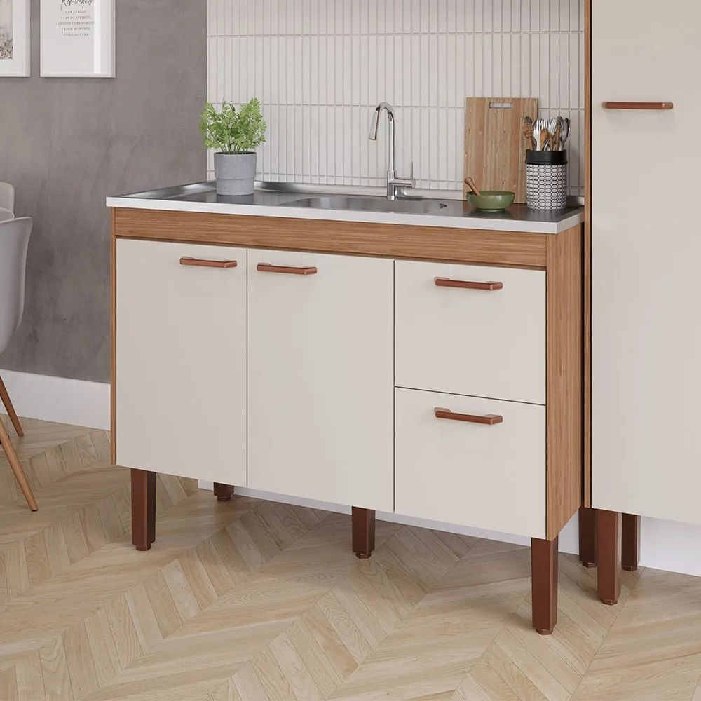 Balcão de Cozinha Slim MDF 114x51x87cm Freijó/Off White Mgm Móveis