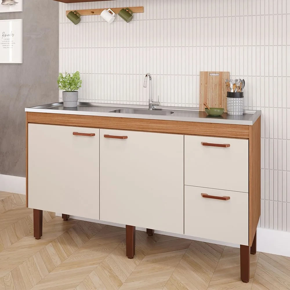 Balcão de Cozinha Slim MDF 144x51x87cm Freijó/Off White Mgm Móveis