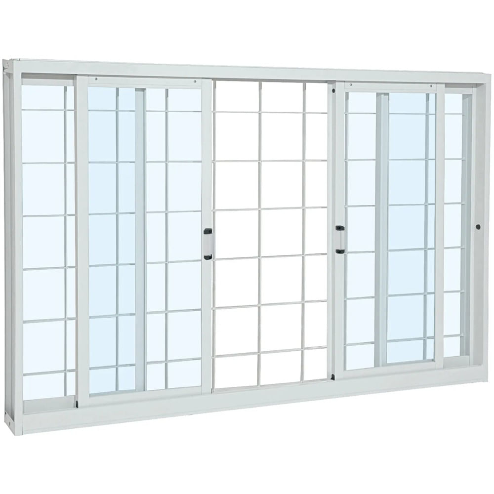 Janela De Correr Aço Branco Grade Quadriculada 4 Folhas 100x150x12 Prátika Sasazaki