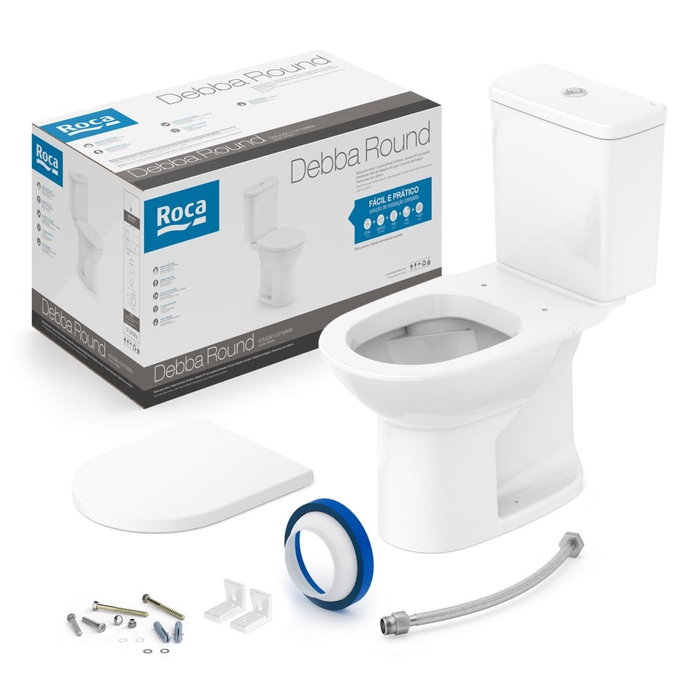 Vaso Sanitário com Caixa Acoplada e Assento Pp com Queda Amortecida e Complementos de Instalação Debba Round Branco Roca
