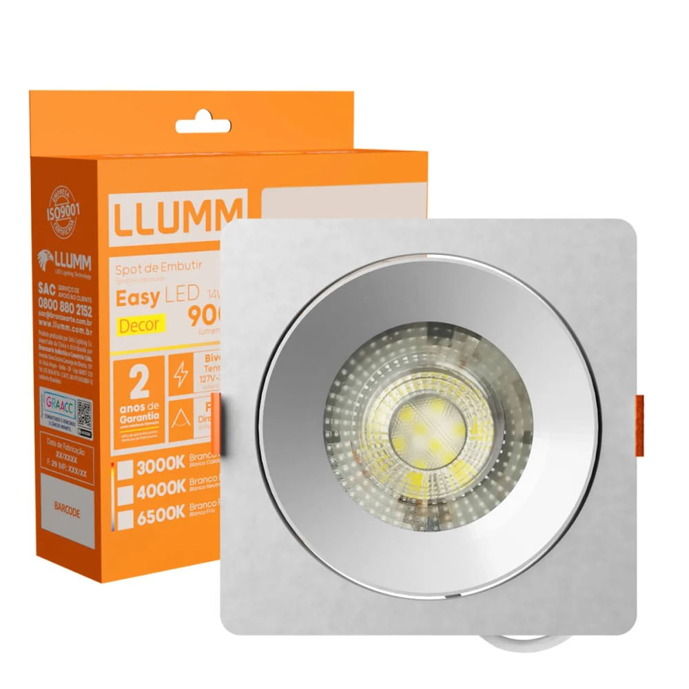 Spot De Embutir Easy Led 14W Quadrado 6,5K Branco 140X140X34Mm Bivolt LLumm Bronzearte