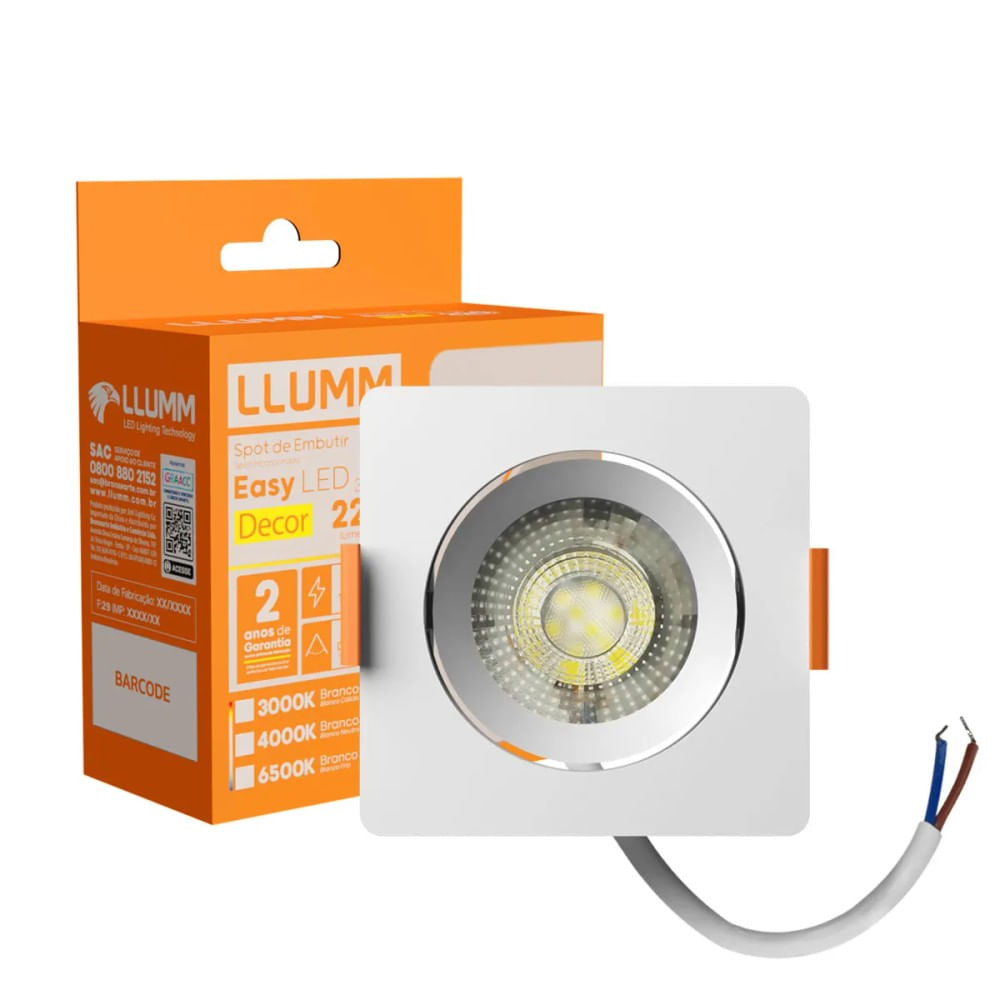 Spot De Embutir Easy Led 3W Quadrado 4K Branco 75X75X32Mm Bivolt LLumm Bronzearte
