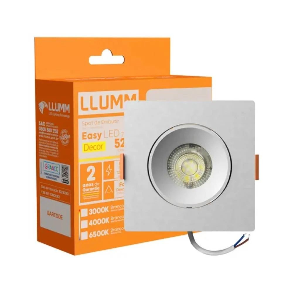 Spot De Embutir Easy Led 7W Quadrado 4K Branco 90X90X32Mm Bivolt LLumm Bronzearte