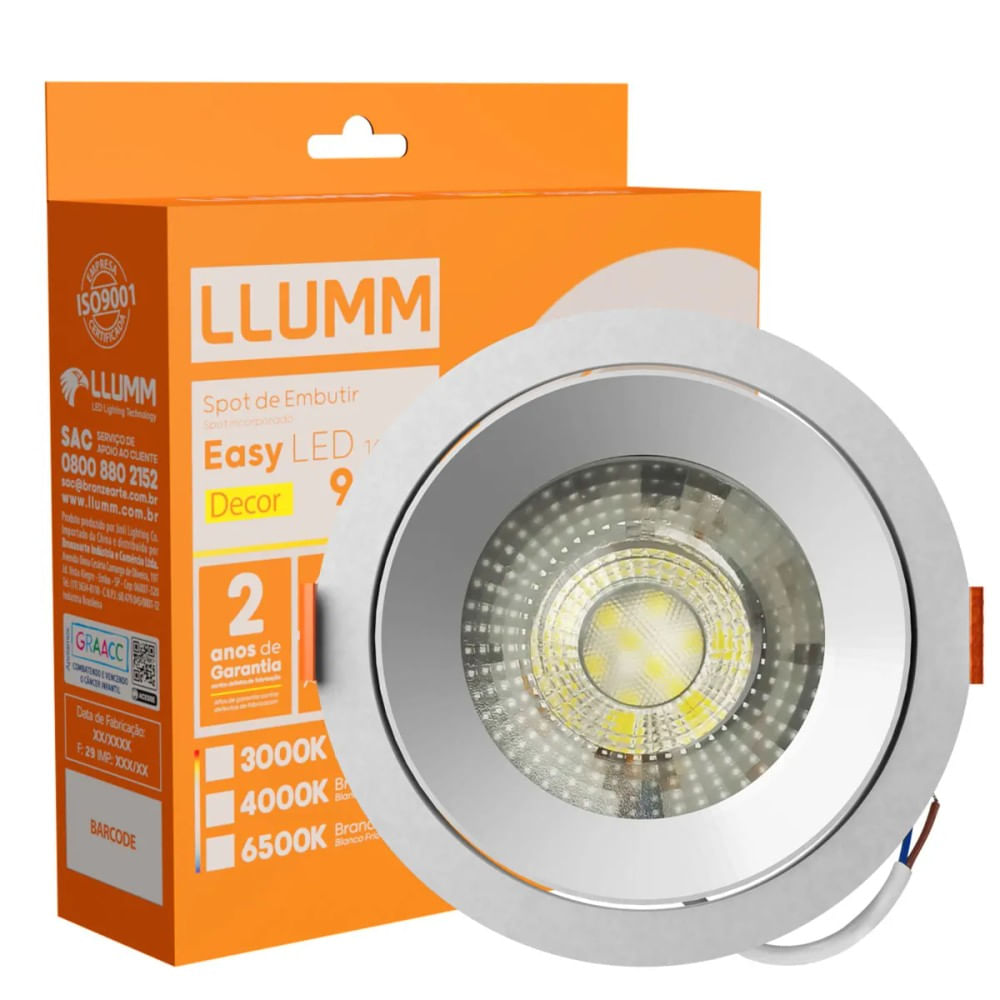 Spot De Embutir Easy Led 14W Redondo 3K Branco 140X34Mm Bivolt Llumm Bronzearte