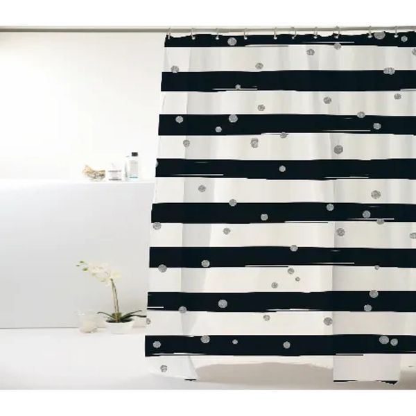 Cortina Para Box E Banheiro Em Pvc Metalizado. Tamanho 180X160Cm Com Estampa De Listras E Poa Nas Cores Preto E Prata Cortina p/ Box PVC 198x180cm Metalizada Listra/Poa Preto/Prata Bella Casa Colorful