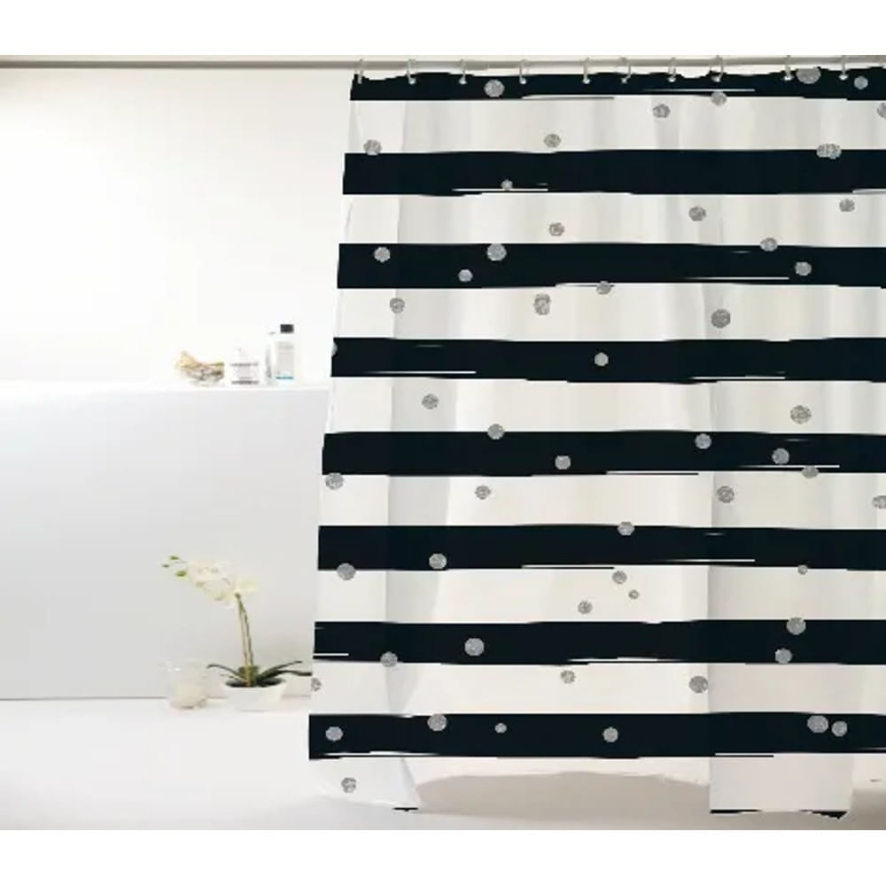 Cortina Para Box E Banheiro Em Pvc Metalizado. Tamanho 180X160Cm Com Estampa De Listras E Poa Nas Cores Preto E Prata Cortina p/ Box PVC 198x180cm Metalizada Listra/Poa Preto/Prata