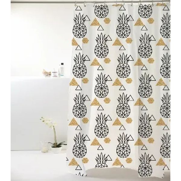 Cortina Para Box E Banheiro Em Pvc Metalizado. Tamanho 198X180Cm Com Estampa De Abacaxi Nas Cores Preto E Dourado Cortina p/ Box PVC 198x180cm Metalizada Abacaxi Preto/Dourado Bella Casa Colorful