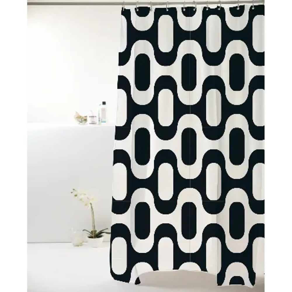 Cortina Para Box De Banheiro Em Poliéster. Tamanho 198X180Cm Com Estampa De Ipanema Nas Cores Preto E Branco Cortina p/ Box Poliester 198x180cm Geométrica Ipanema Preto/Branco Bell