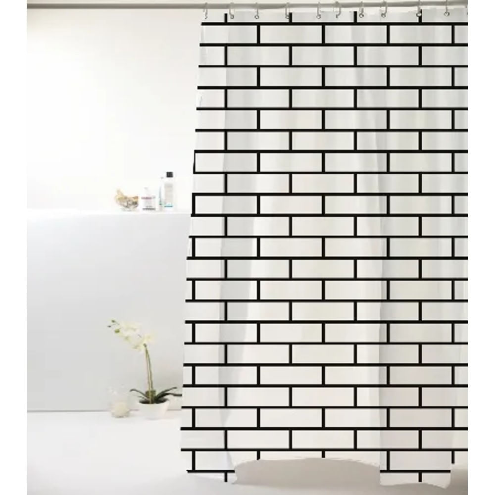 Cortina Para Box De Banheiro Em Poliéster. Tamanho 198X180Cm Com Estampa De Tijolo Nas Cores Preto E Branco Cortina p/ Box Poliester 198x180cm Textura Tijolo Preto/Branco Bella Cas