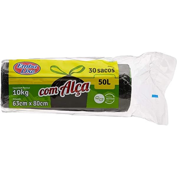 Saco Lixo Embalixo Reforçado Alça Preto 50L 30 Sacos