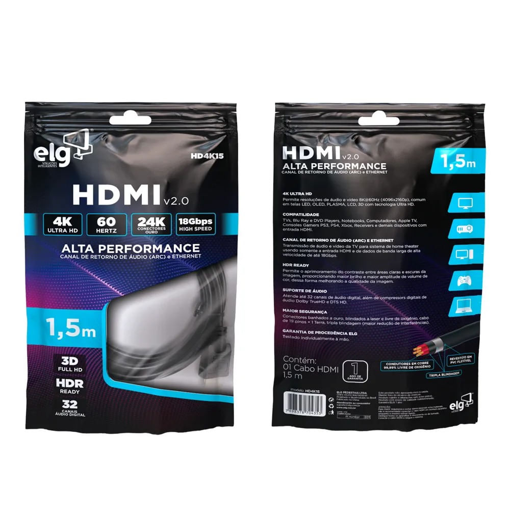 Cabo Hdmi 2V 3D Ready Ultra 4K De 1,5Metros Elg