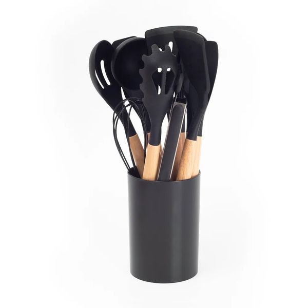 Kit 12 Utensilios Com Cabo De Madeira E Suporte Mozcada