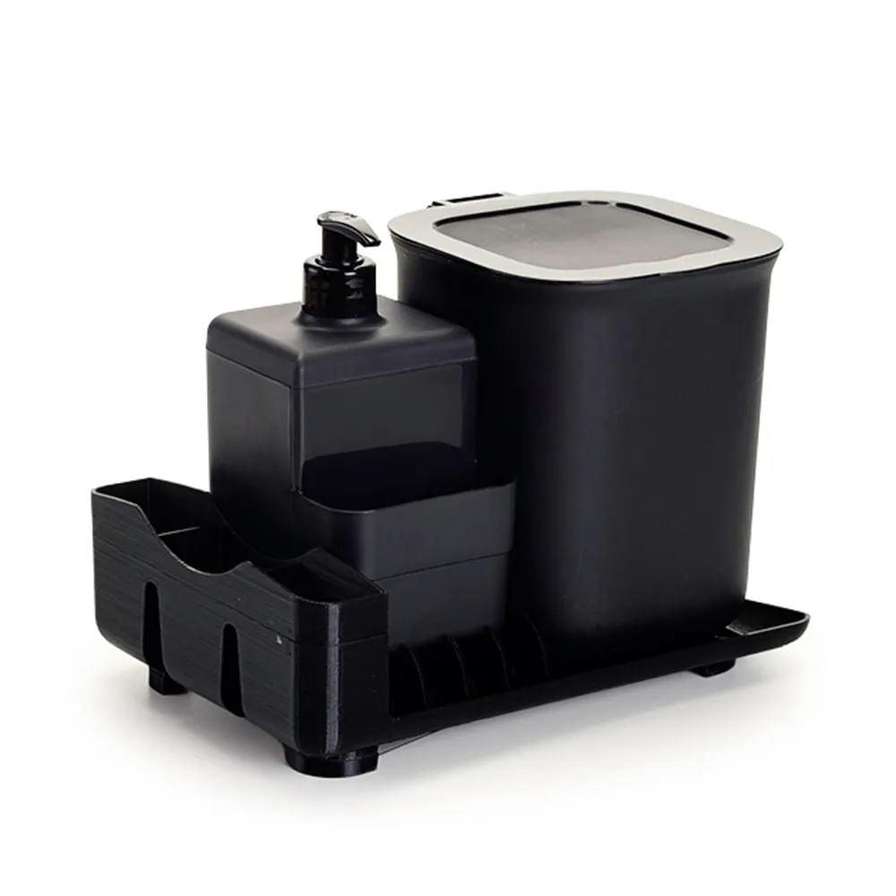 Kit Para Pia 3 Peças - Escorredor, Lixeira, Dispenser Preto Dasplast
