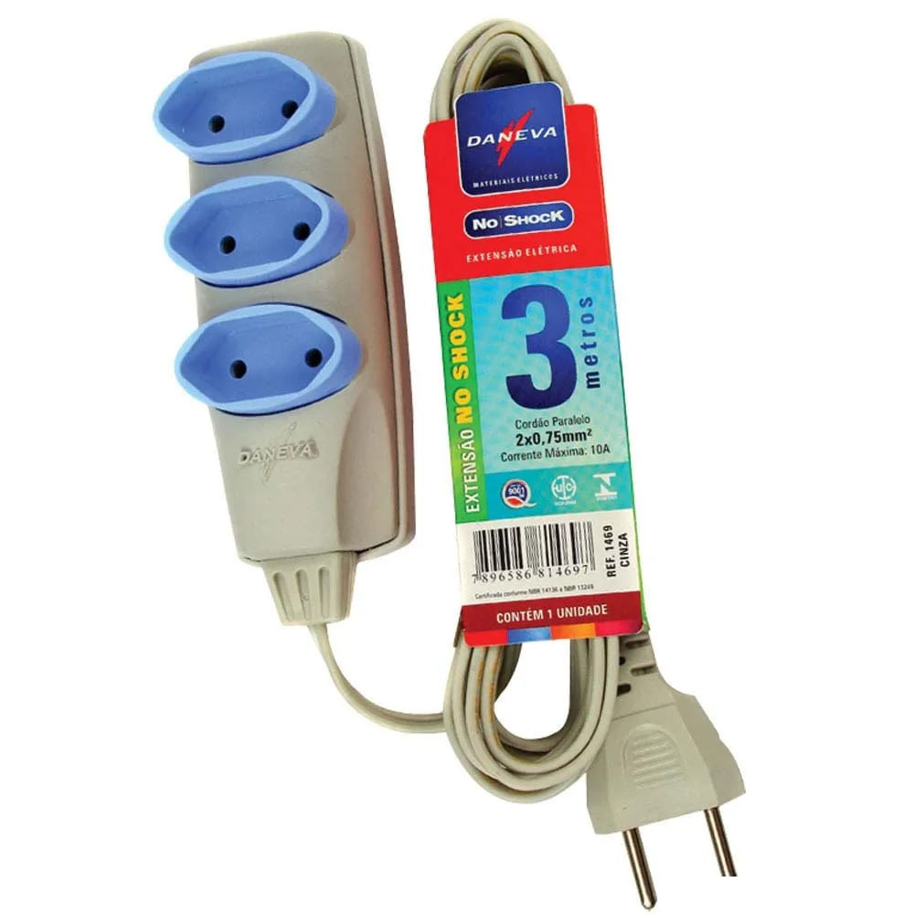 Extensão Cordão Paralelo Pl 2x0,75mm² 2p 10a/250v~ 3 Metros Cinza Dn1469 Noshock90 Multi Daneva Legrand
