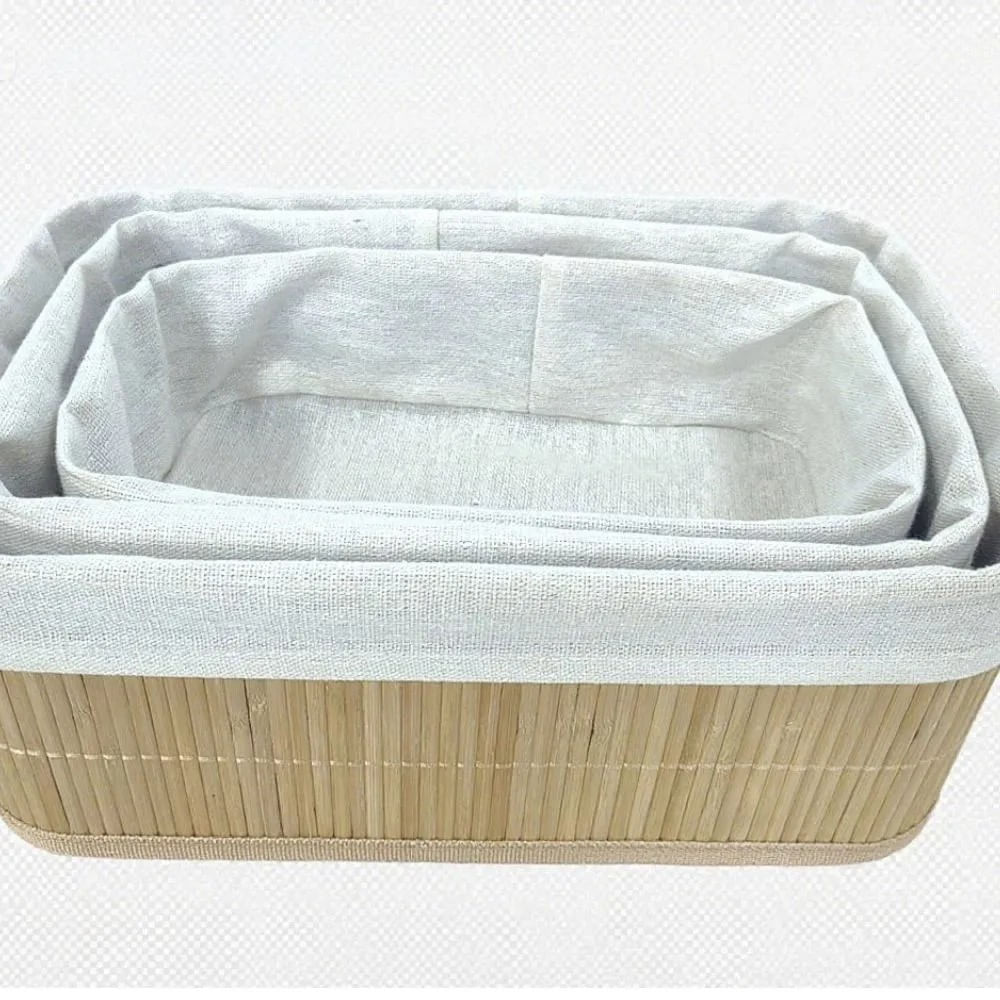 Conjunto 3 Cestos De Bambu Com Forro Em Tecido Natural Retangular Coisas E Coisinhas