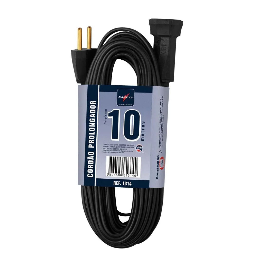 Cordão Prolongador Macho E Fêmea Paralelo Plano 2x0,75mm² 2p 10a/250v~ 10 Metros Preto Dn1314 Conecta Daneva Legrand