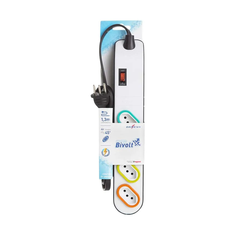 Filtro de linha 1,3m 4 tomadas 2P T 10A bivolt DN1851 branco e preto Daneva
