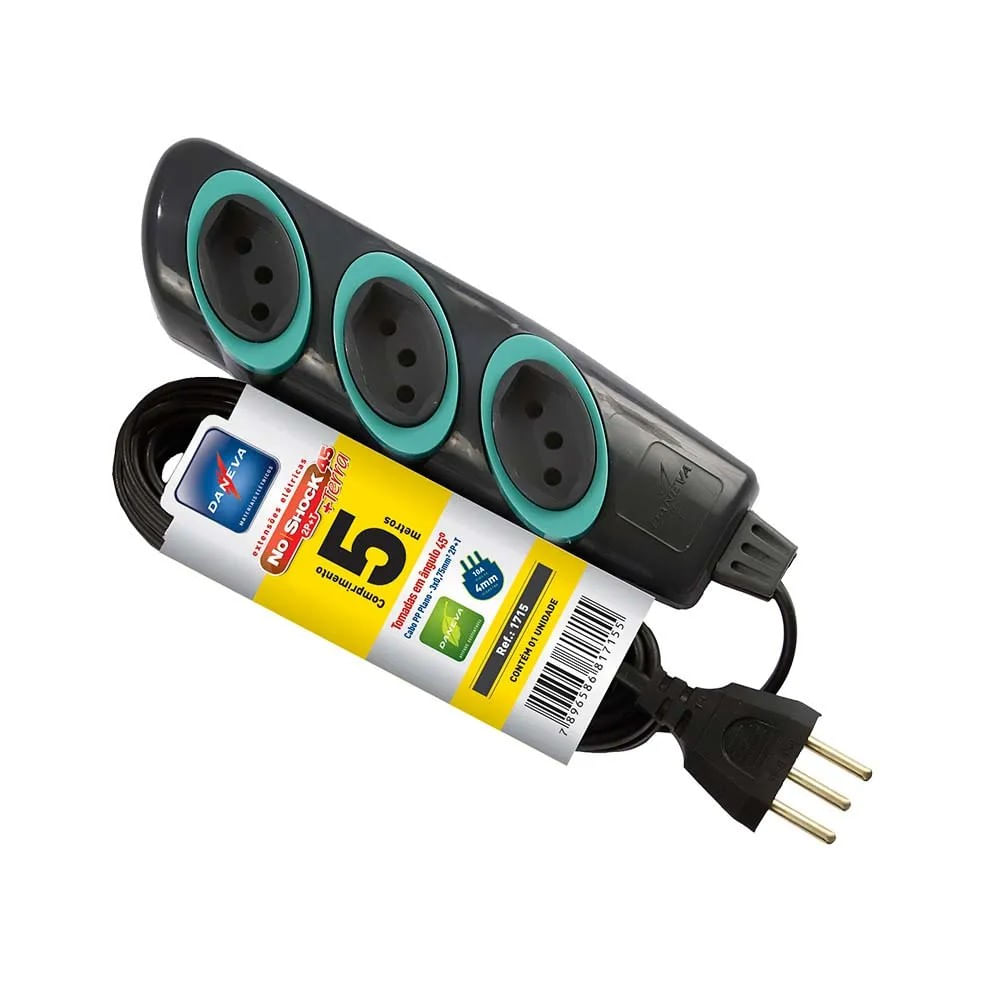 Extensão Cabo Pp Plano 3x0,75mm² 2pt 10a/250v~ 5 Metros Grafite Dn1715 Noshock45 Multi Daneva Legrand