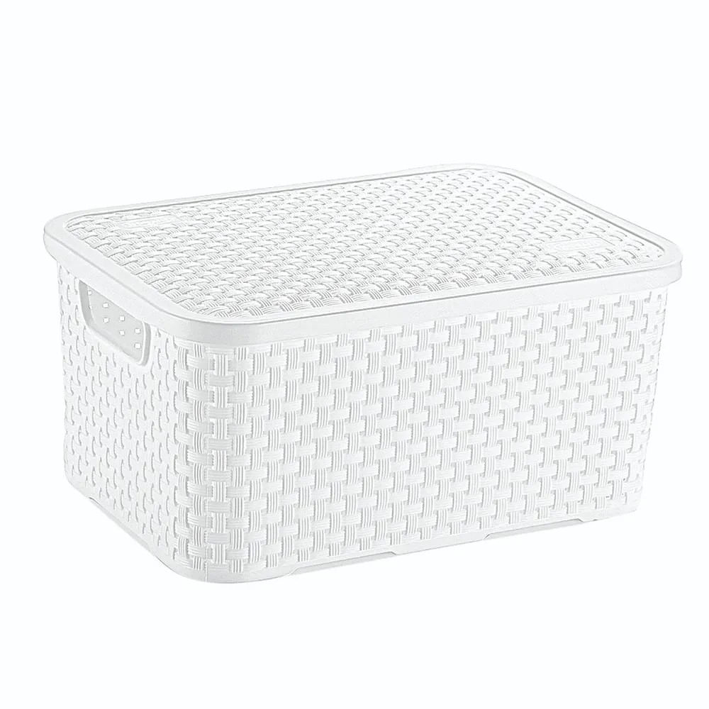 Cesto Organizador Rattan Medio Branco Com Tampa Nitron