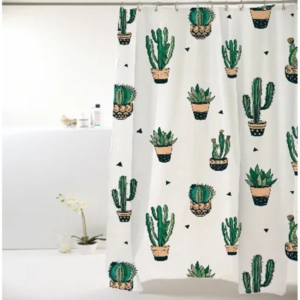 Cortina Para Box De Banheiro Em Poliéster. Tamanho 198X180Cm Com Estampa De Cactos Na Cor Verde Cortina p/ Box Poliester 198x180cm Cactos Verde Bella Casa Colorful