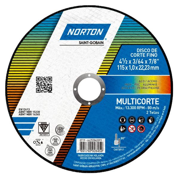 Disco de Corte Multicore Norton 115x22,2x1mm para Metais e Multimateriais Disco de corte para metais 115x22,2x1mm Multicore Norton