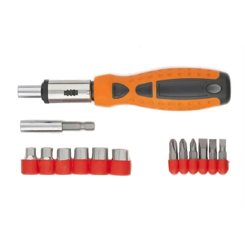 Jogo de Bits e Soquetes com Cabo Anatômico e Catraca Reversível Sparta 15 Peças Jg Bits Ponteira Soquete Cabo Anat Catraca Reversivel 15Pcs